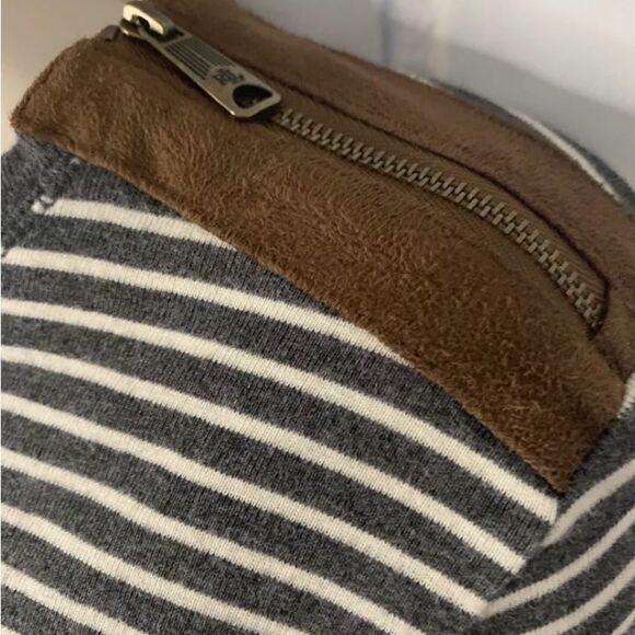 Lauren Ralph Lauren Top Faux Suede Zipper Shoulder Elbow Patch Gray & Ivory - Picture 6 of 9